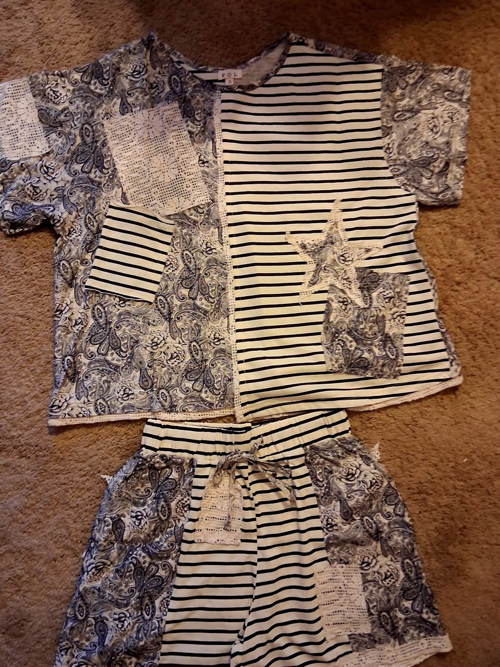 POL Navy & White Paisley-Stripe Women’s Shorts Set